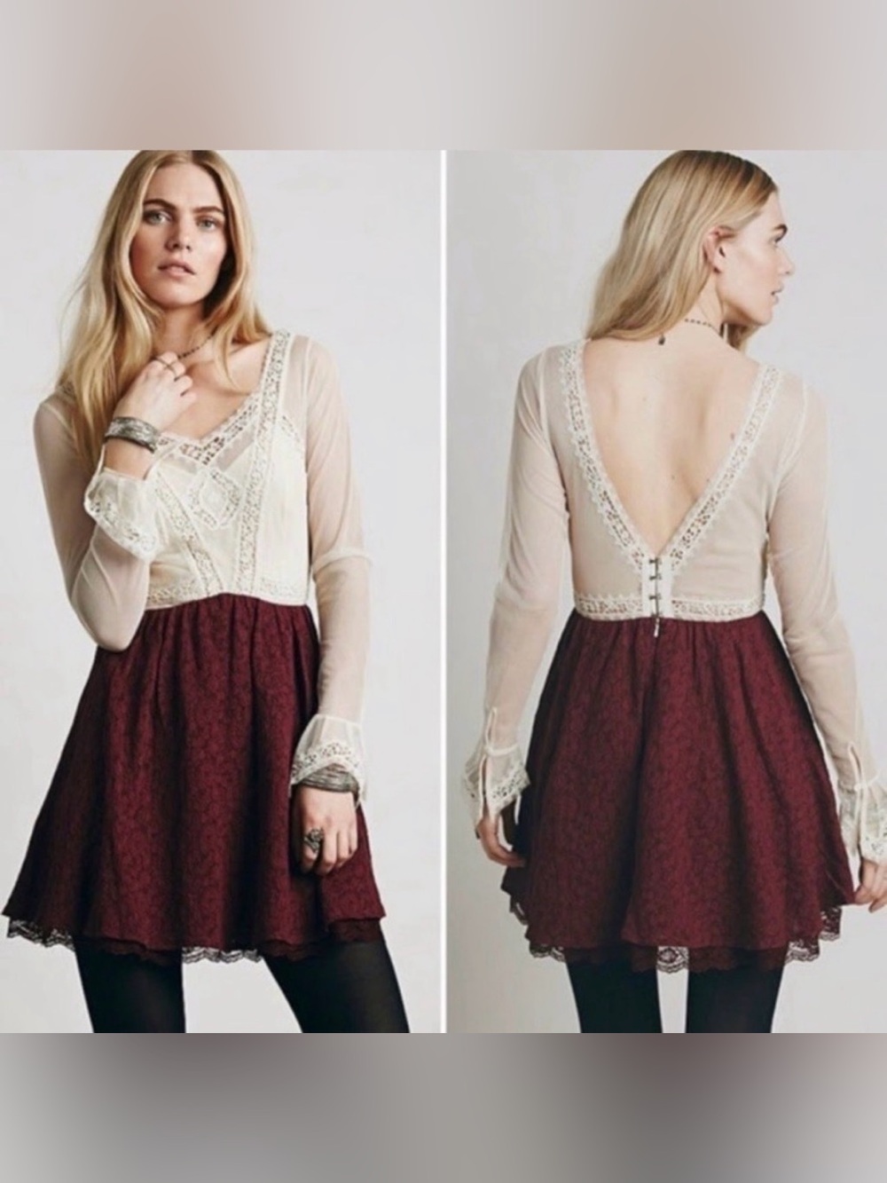 Free People RARE Victorian Lace Mesh Mini Dress Sz 6 Cream Burgundy Boho Festiva